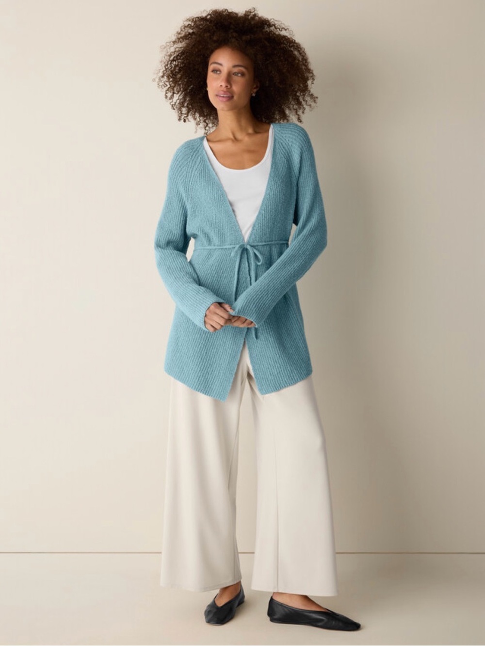 Eileen Fisher Sky Blue Tie-Waist Open-Front Cardigan